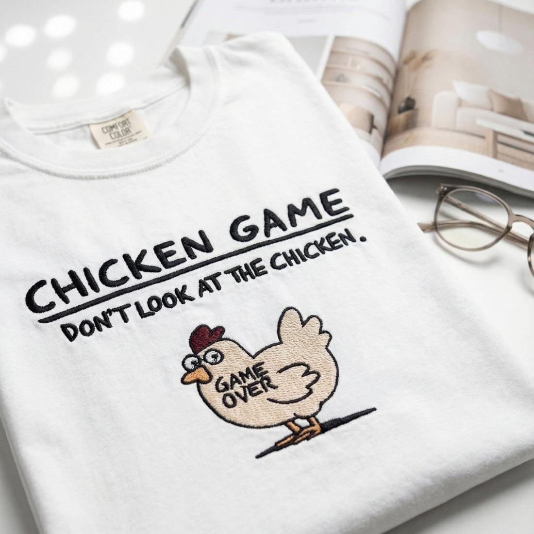 Funny Chicken Game Custom Embroidered T-Shirt - Humorous Stitch Artwork Personalized Gift