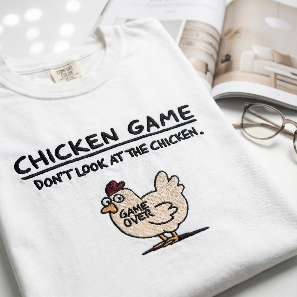 Funny Chicken Game Custom Embroidered T-Shirt - Humorous Stitch Artwork Personalized Gift