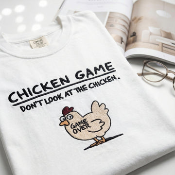 Funny Chicken Game Custom Embroidered T-Shirt - Humorous Stitch Artwork Personalized Gift