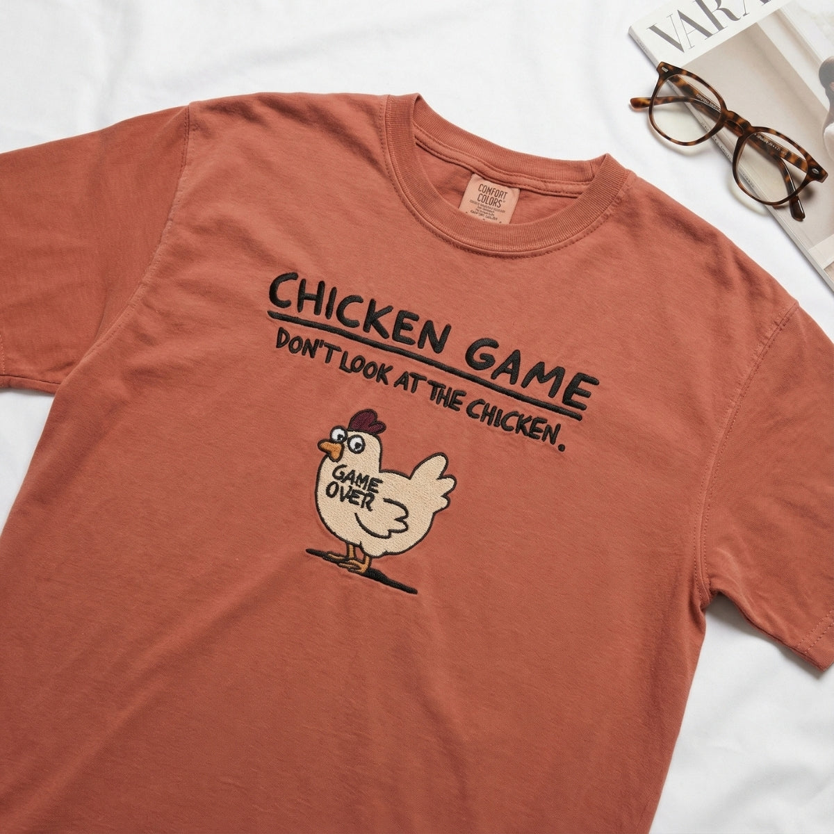 Funny Chicken Game Custom Embroidered T-Shirt - Humorous Stitch Artwork Personalized Gift