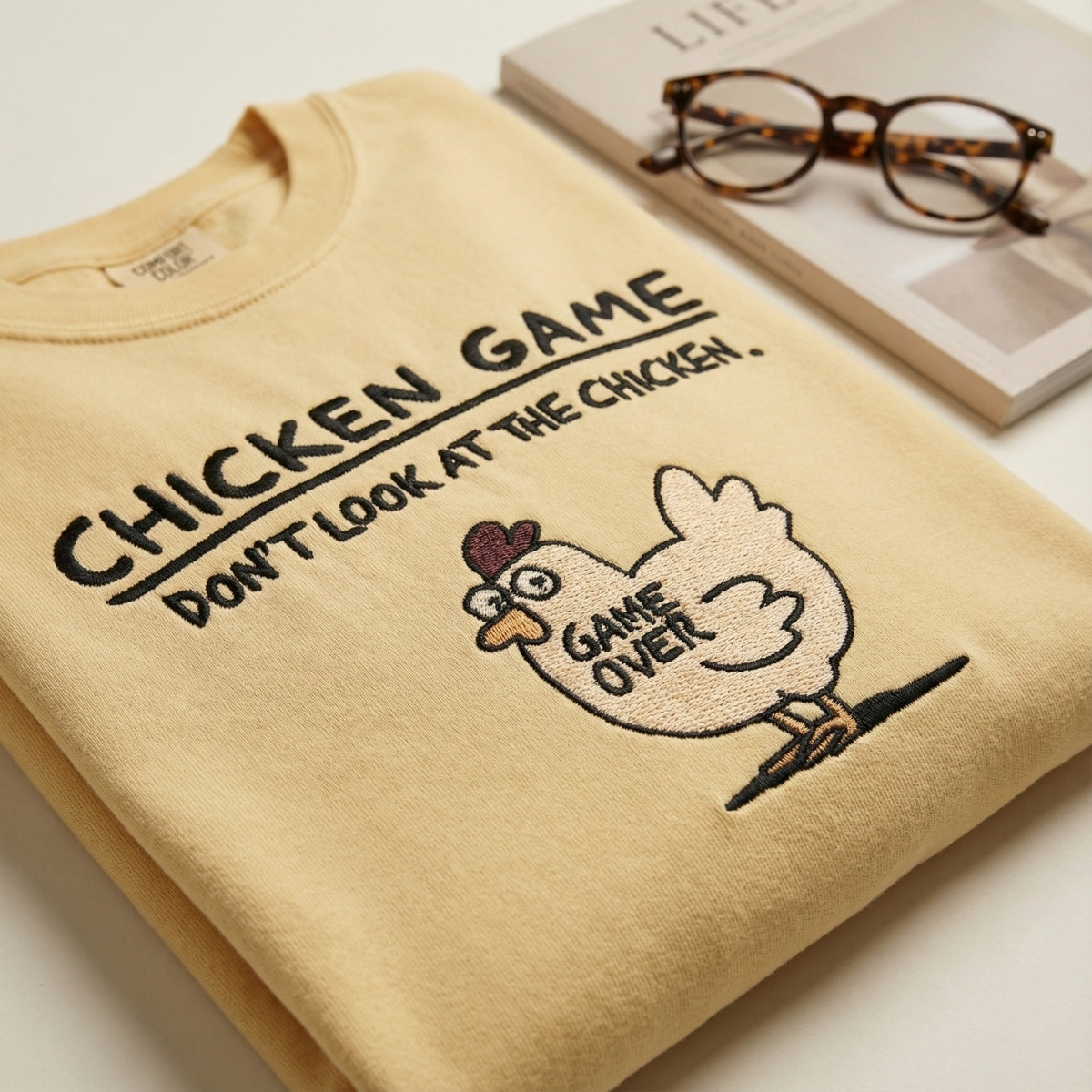 Funny Chicken Game Custom Embroidered T-Shirt - Humorous Stitch Artwork Personalized Gift