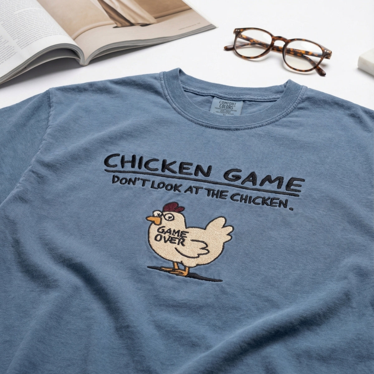 Funny Chicken Game Custom Embroidered T-Shirt - Humorous Stitch Artwork Personalized Gift