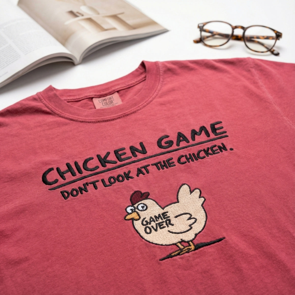 Funny Chicken Game Custom Embroidered T-Shirt - Humorous Stitch Artwork Personalized Gift
