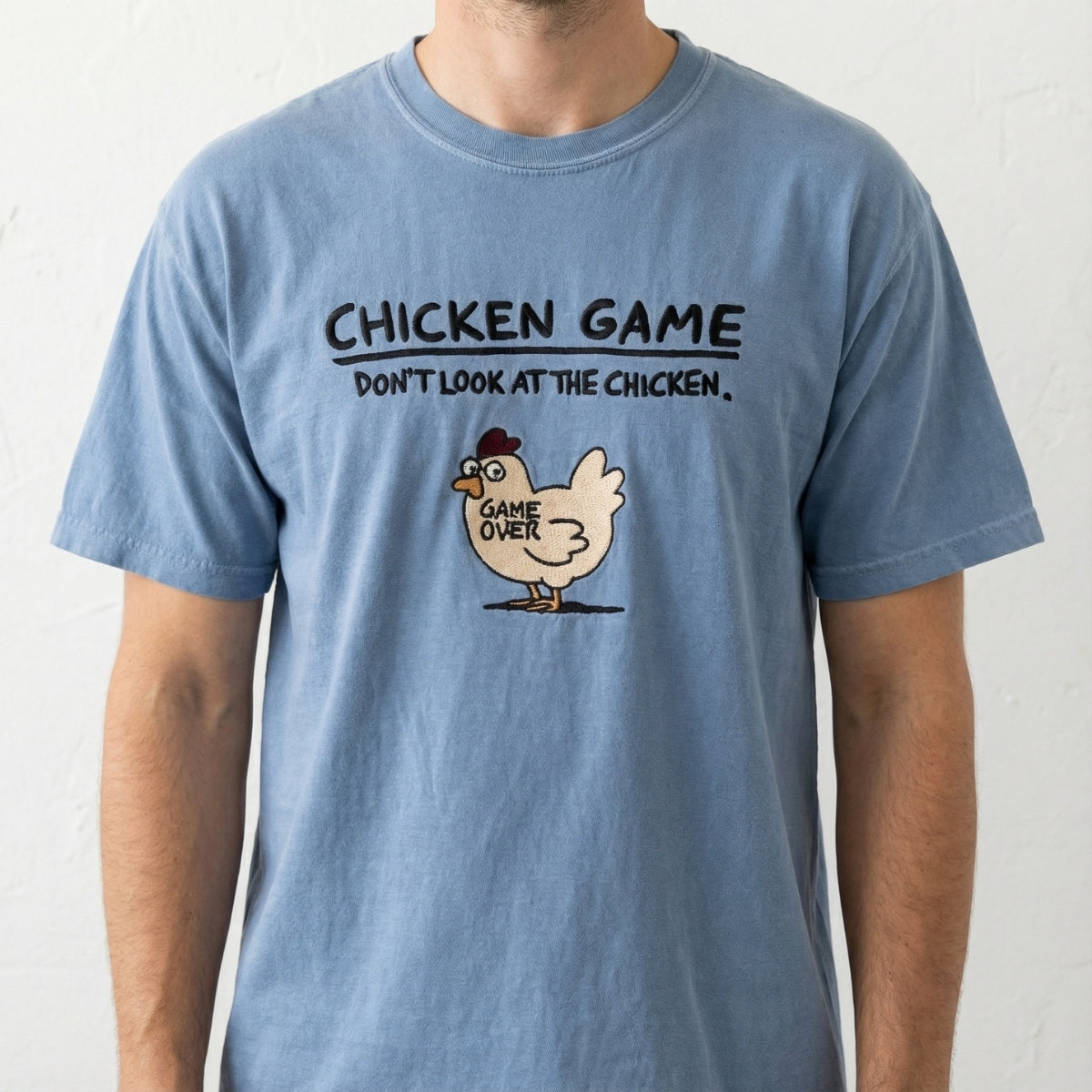 Funny Chicken Game Custom Embroidered T-Shirt - Humorous Stitch Artwork Personalized Gift