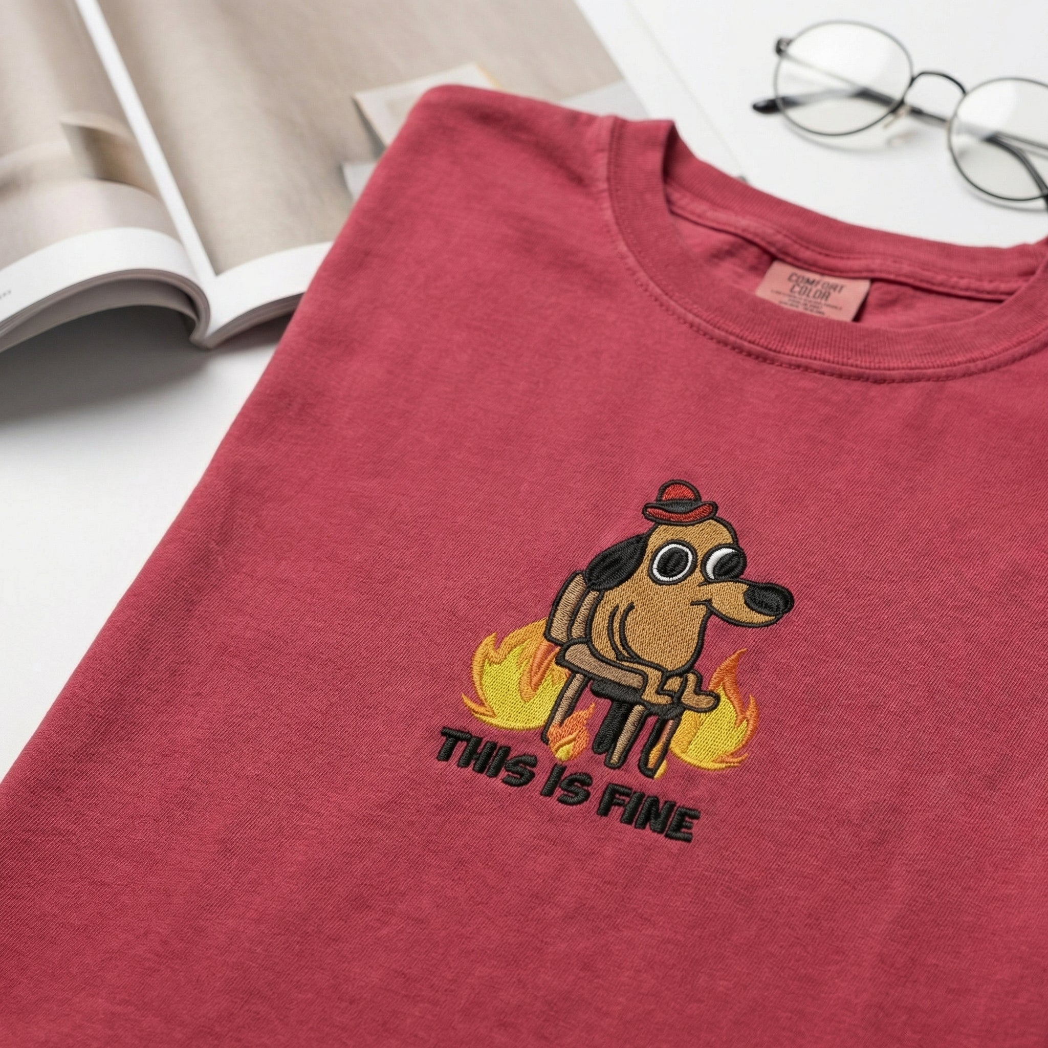 Funny Dog in Fire Custom Embroidered T-Shirt - Sarcastic Meme Personalized Gift
