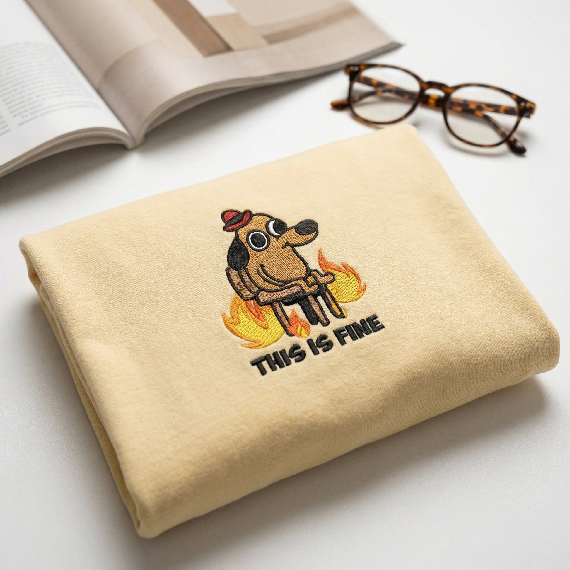 Funny Dog in Fire Custom Embroidered T-Shirt - Sarcastic Meme Personalized Gift