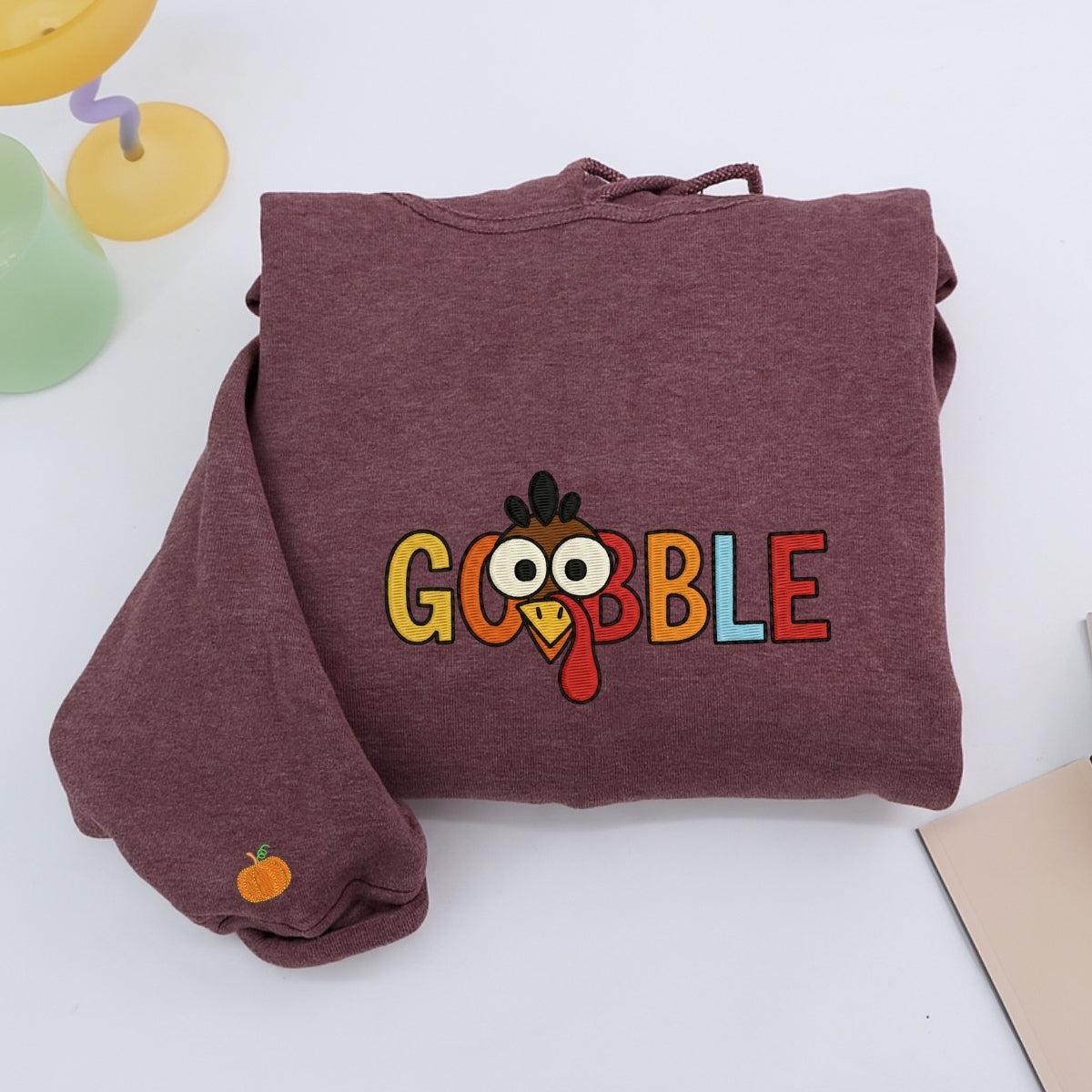 Custom Embroidered Gobble Turkey Sweatshirt - Funny Thanksgiving Embroidery, Thankful Autumn Gift