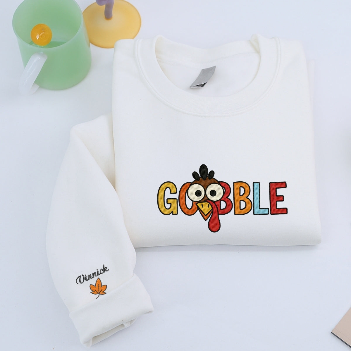 Custom Embroidered Gobble Turkey Sweatshirt - Funny Thanksgiving Embroidery, Thankful Autumn Gift