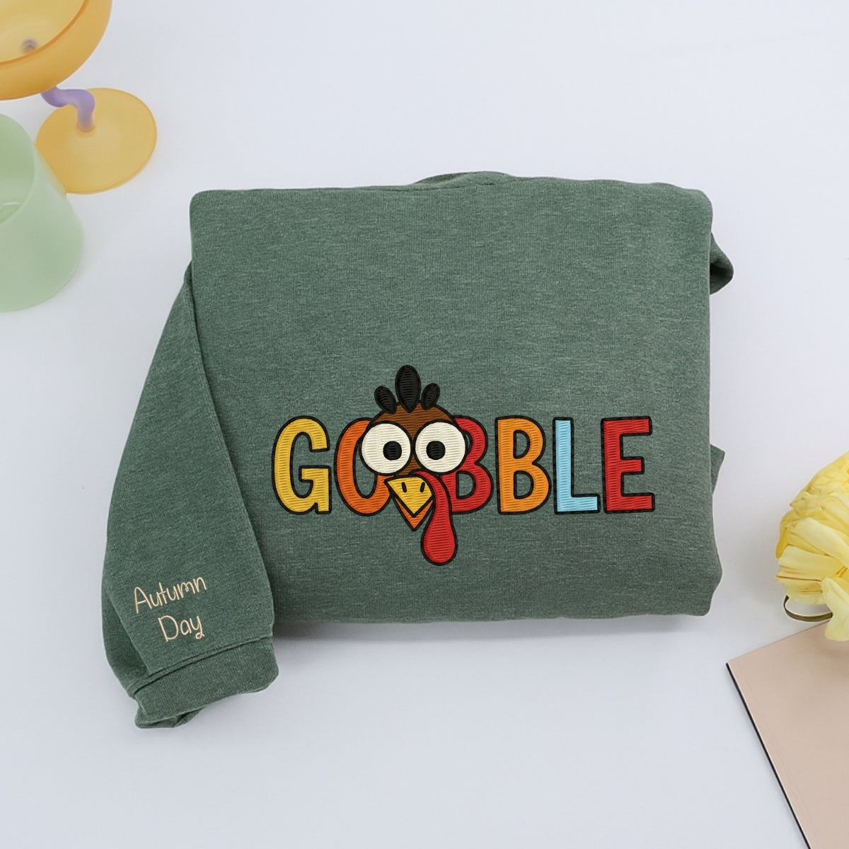 Custom Embroidered Gobble Turkey Sweatshirt - Funny Thanksgiving Embroidery, Thankful Autumn Gift