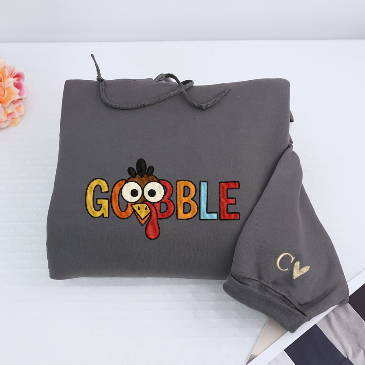 Custom Embroidered Gobble Turkey Sweatshirt - Funny Thanksgiving Embroidery, Thankful Autumn Gift