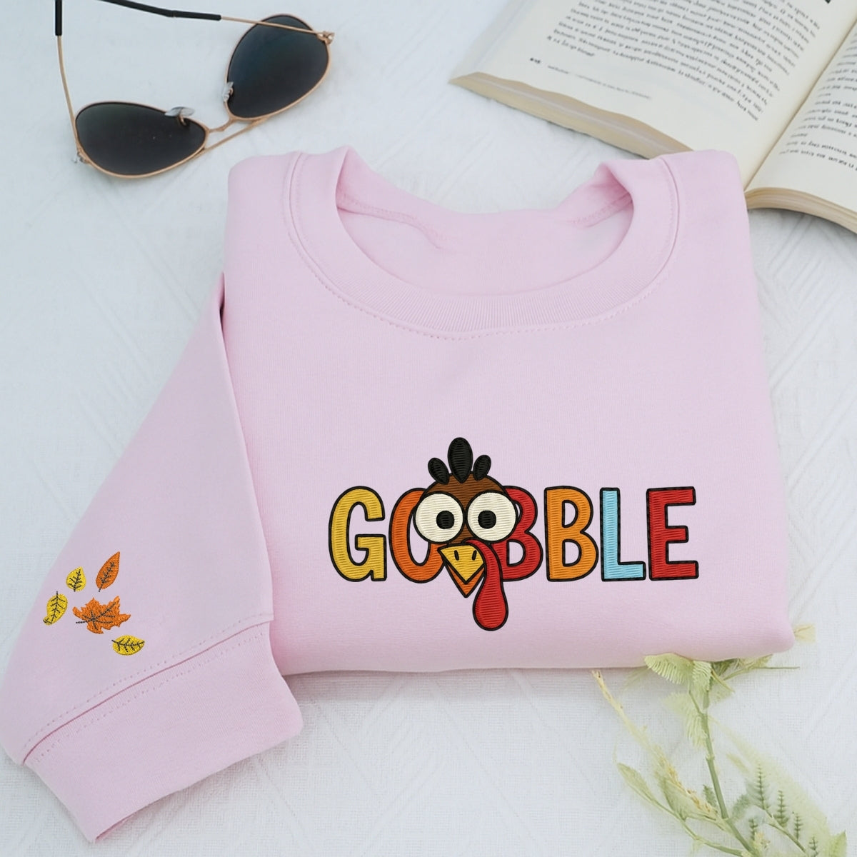 Custom Embroidered Gobble Turkey Sweatshirt - Funny Thanksgiving Embroidery, Thankful Autumn Gift