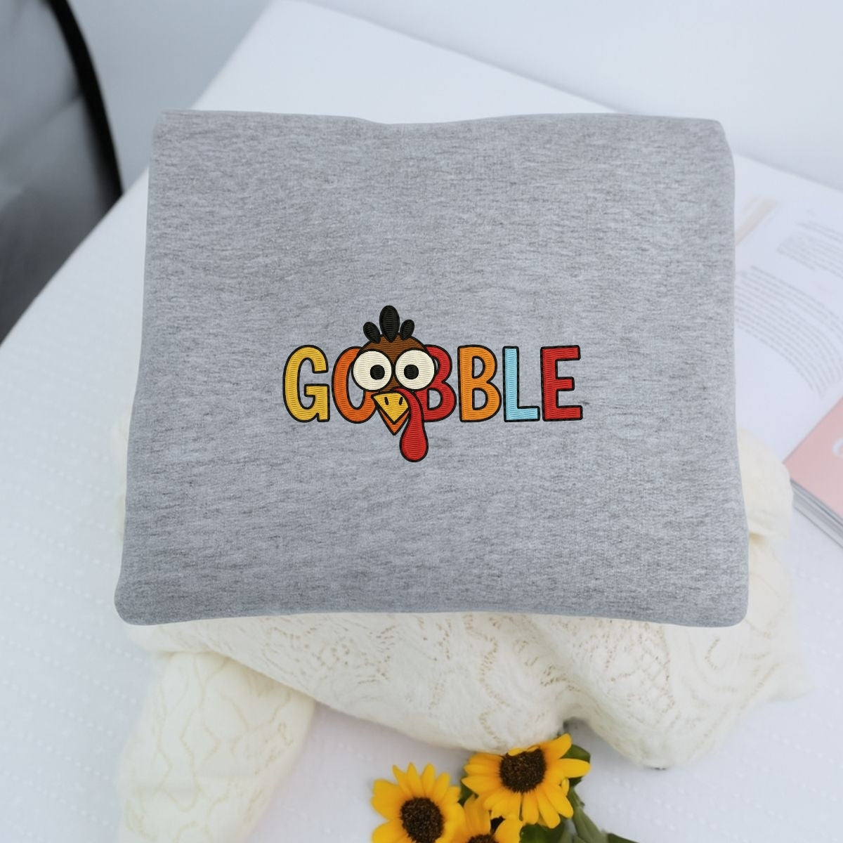 Custom Embroidered Gobble Turkey Sweatshirt - Funny Thanksgiving Embroidery, Thankful Autumn Gift