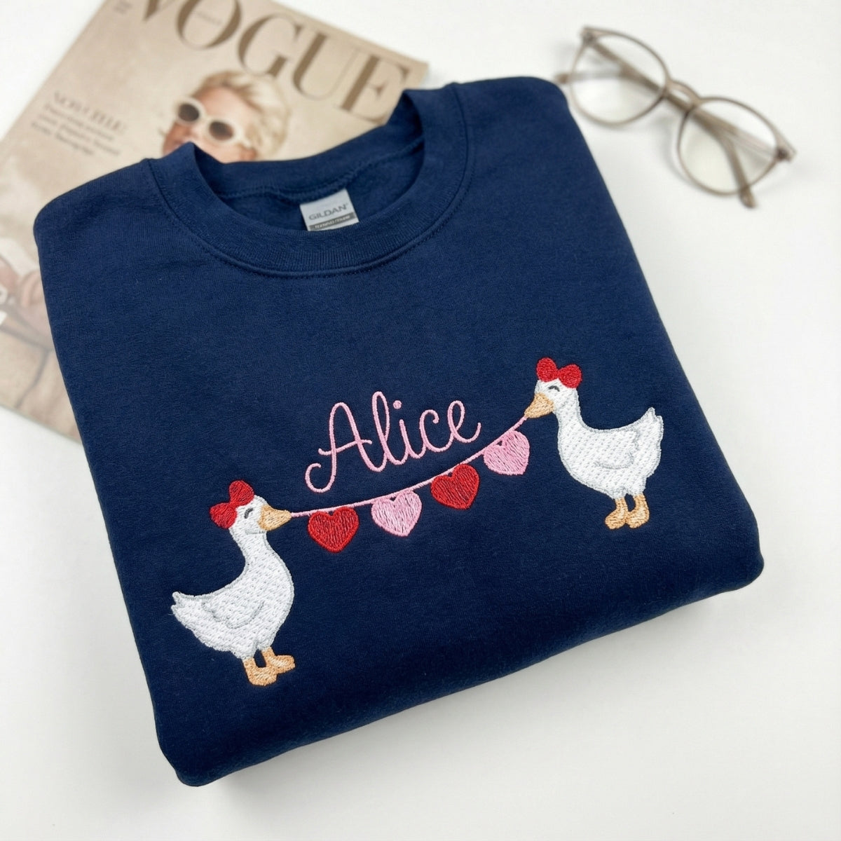 Custom Embroidered Goose Holding Hearts Hoodie - Personalized Name Sweatshirt, Valentine's Day Gift