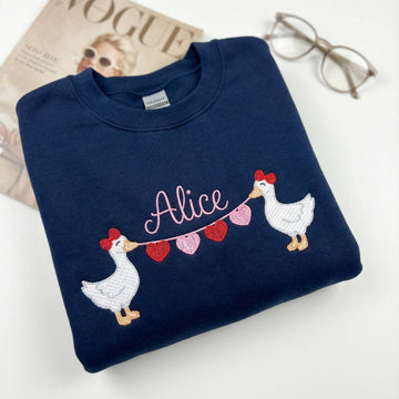 Custom Embroidered Goose Holding Hearts Hoodie - Personalized Name Sweatshirt, Valentine's Day Gift