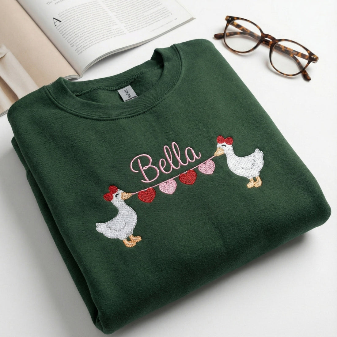 Custom Embroidered Goose Holding Hearts Hoodie - Personalized Name Sweatshirt, Valentine's Day Gift