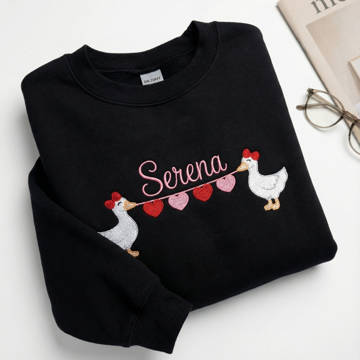Custom Embroidered Goose Holding Hearts Hoodie - Personalized Name Sweatshirt, Valentine's Day Gift
