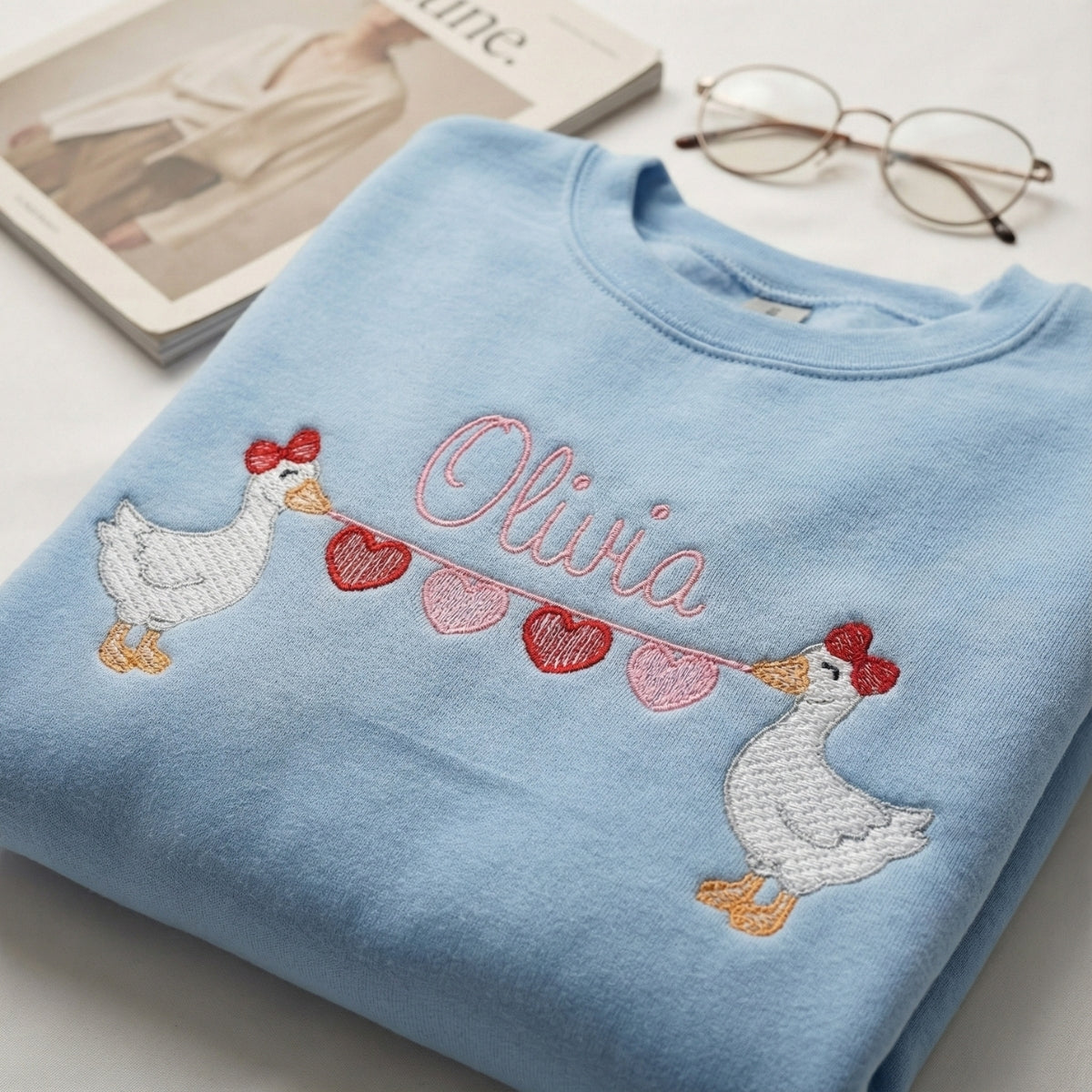 Custom Embroidered Goose Holding Hearts Hoodie - Personalized Name Sweatshirt, Valentine's Day Gift