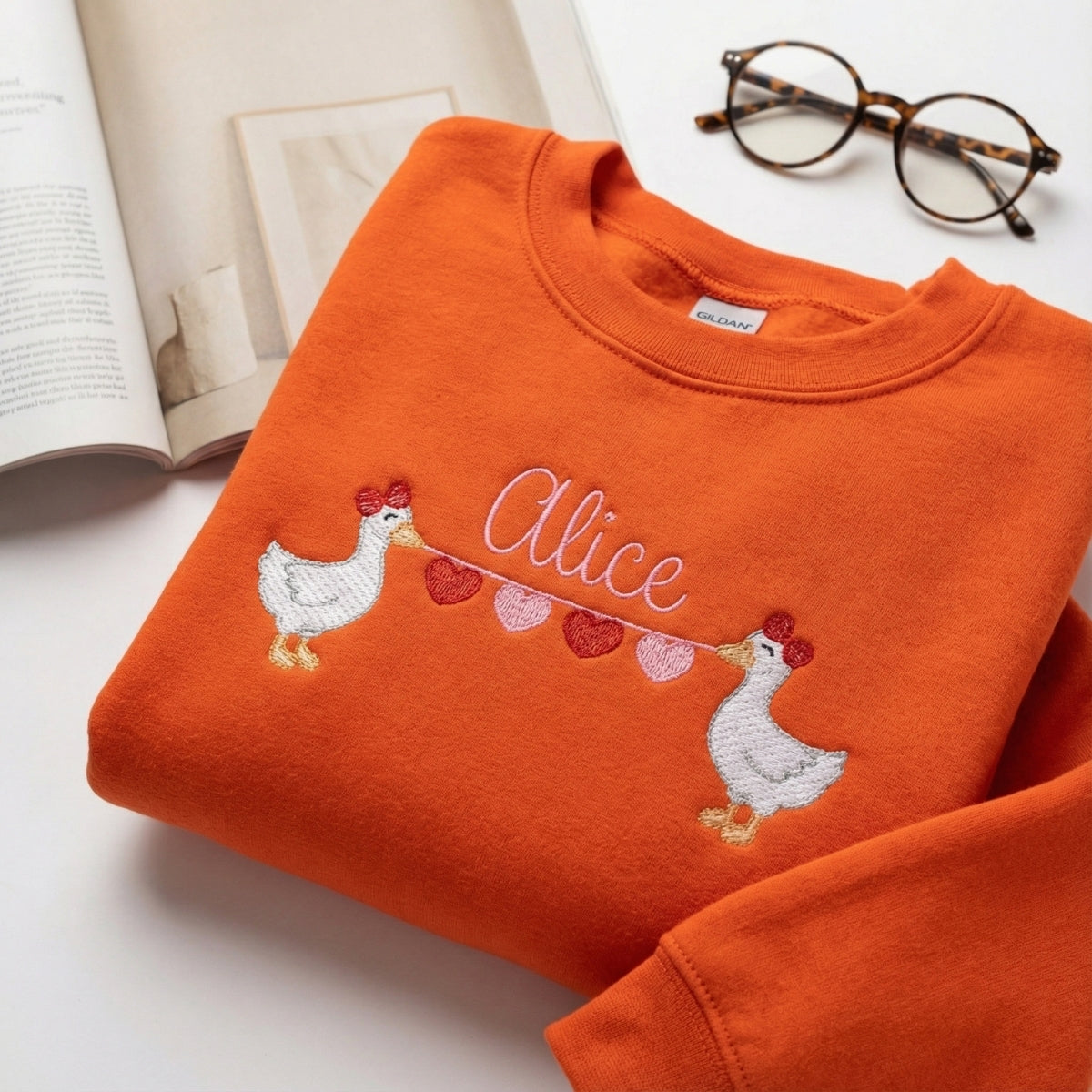 Custom Embroidered Goose Holding Hearts Hoodie - Personalized Name Sweatshirt, Valentine's Day Gift