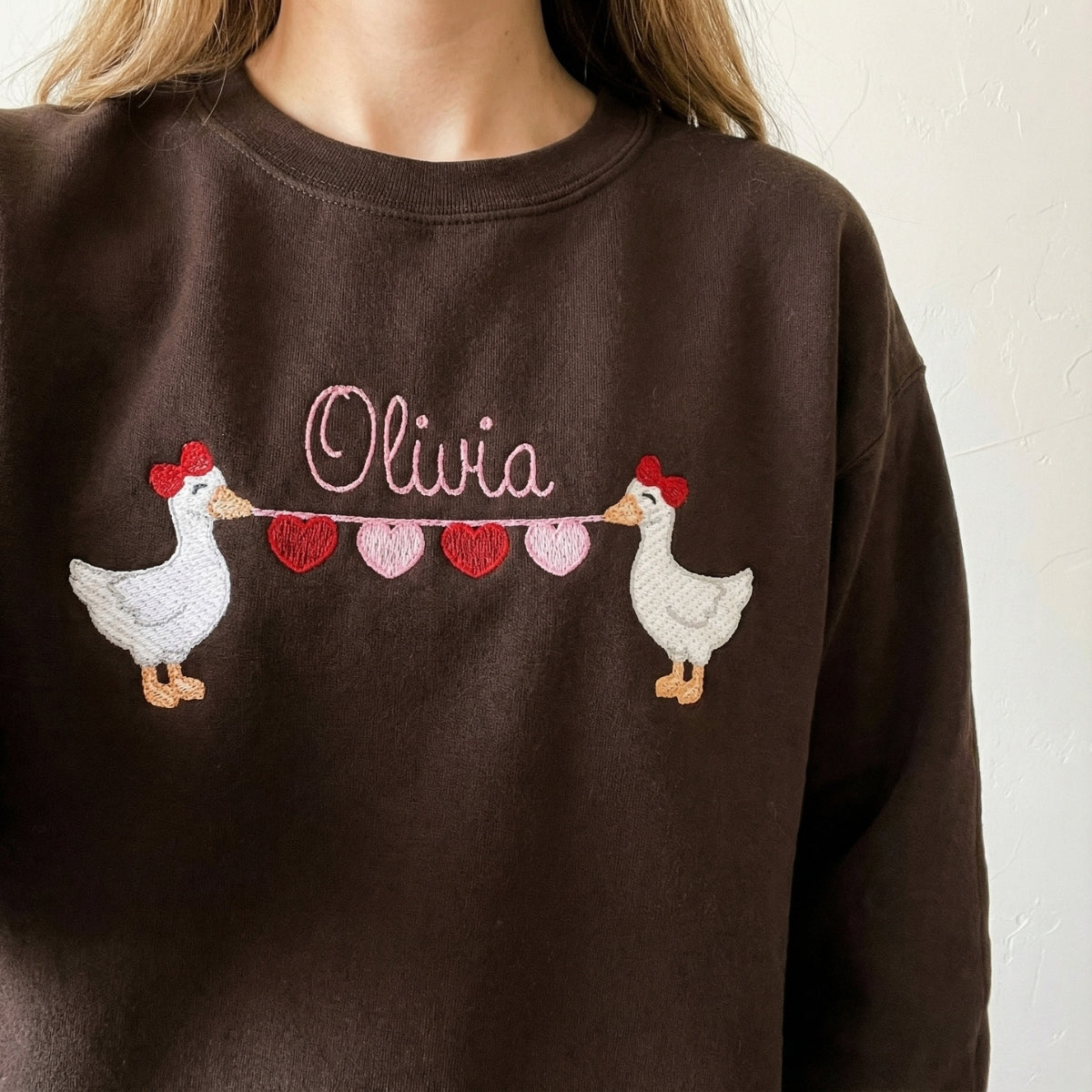 Custom Embroidered Goose Holding Hearts Hoodie - Personalized Name Sweatshirt, Valentine's Day Gift