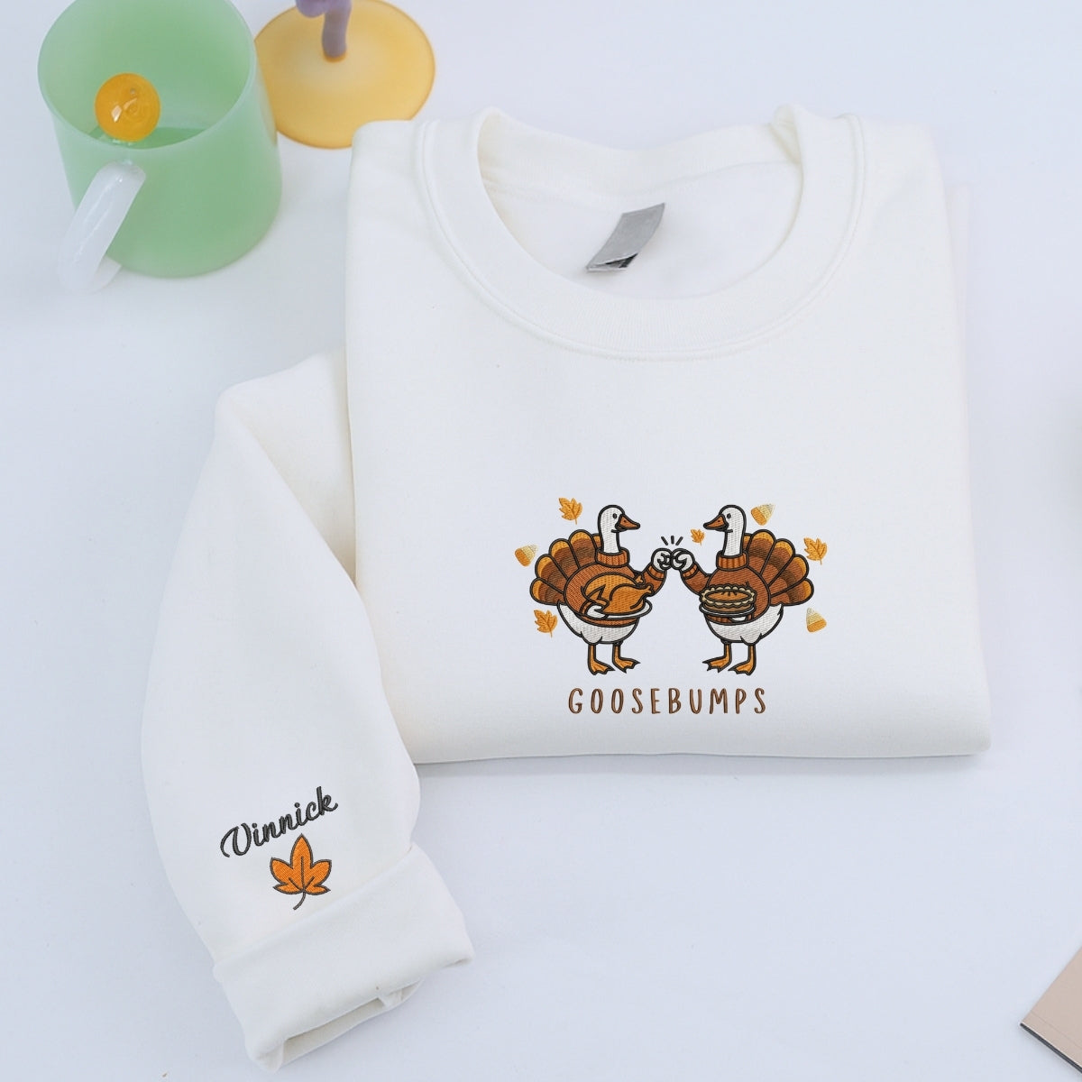 Custom Embroidered Goosebumps Thanksgiving Hoodie - Funny Ducks, Turkey & Pie Sweatshirt