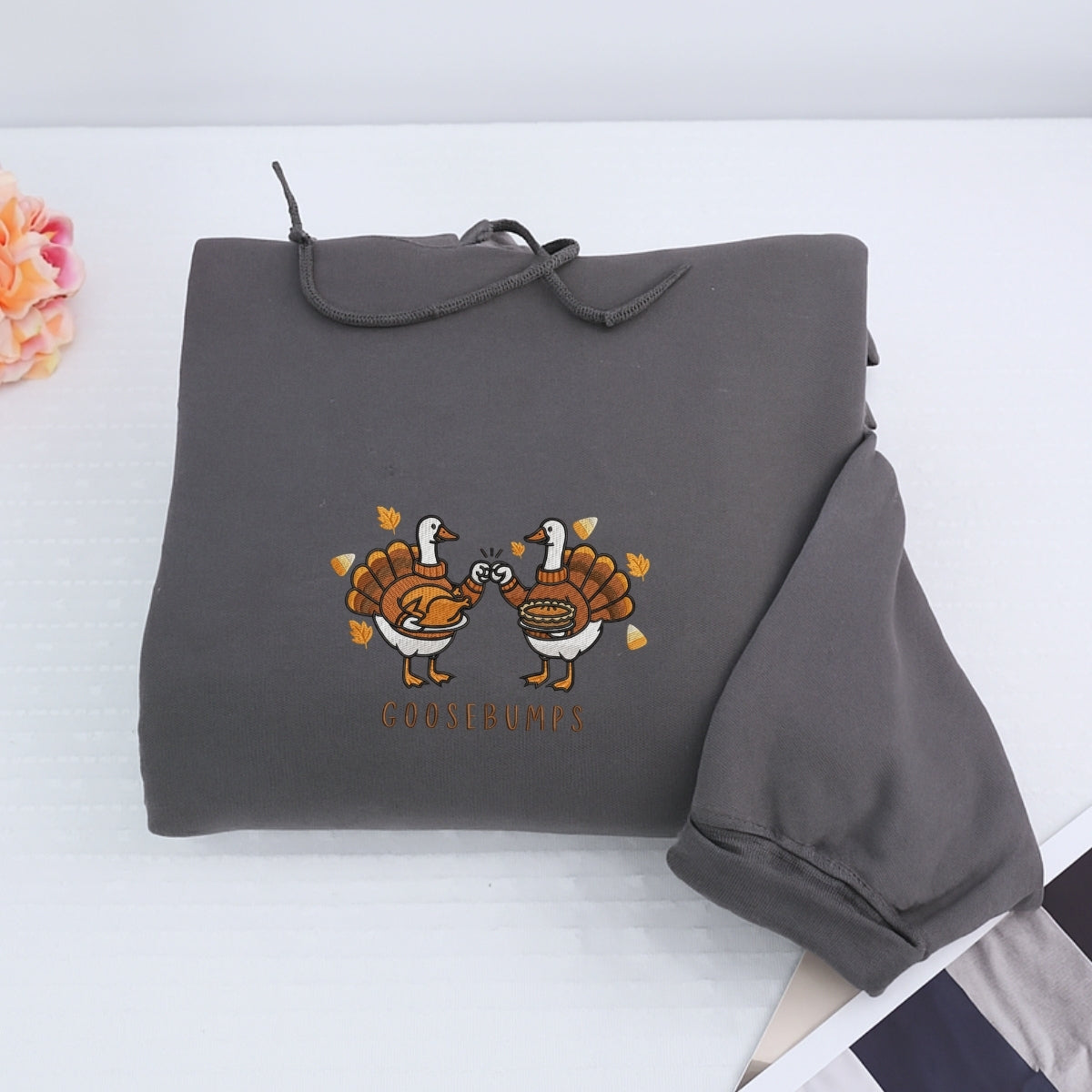 Custom Embroidered Goosebumps Thanksgiving Hoodie - Funny Ducks, Turkey & Pie Sweatshirt