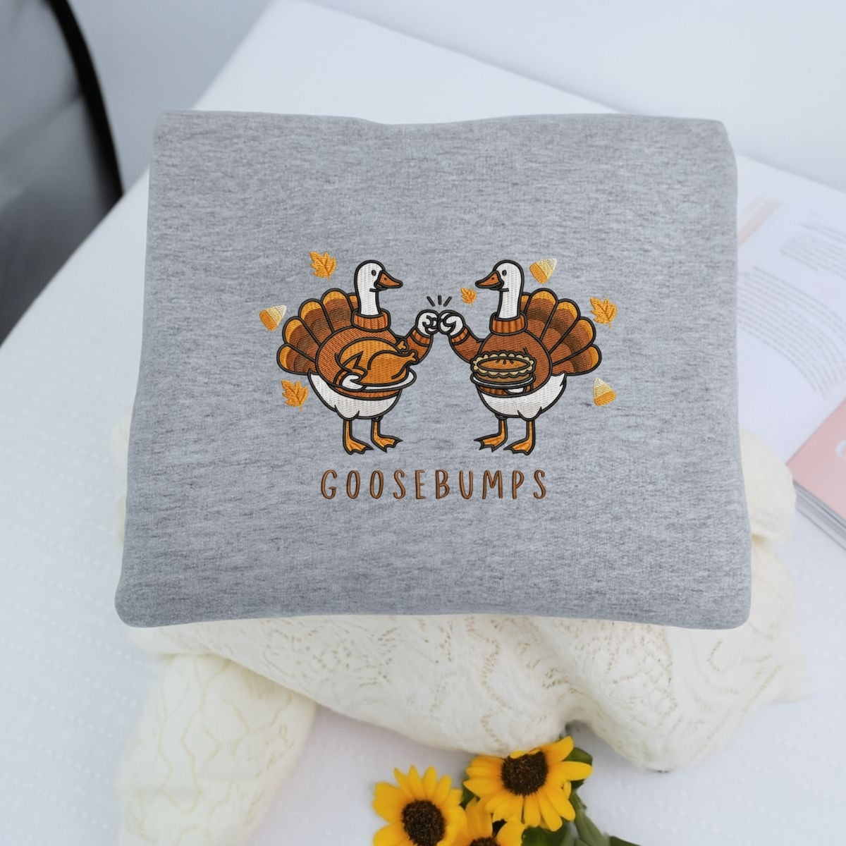 Custom Embroidered Goosebumps Thanksgiving Hoodie - Funny Ducks, Turkey & Pie Sweatshirt