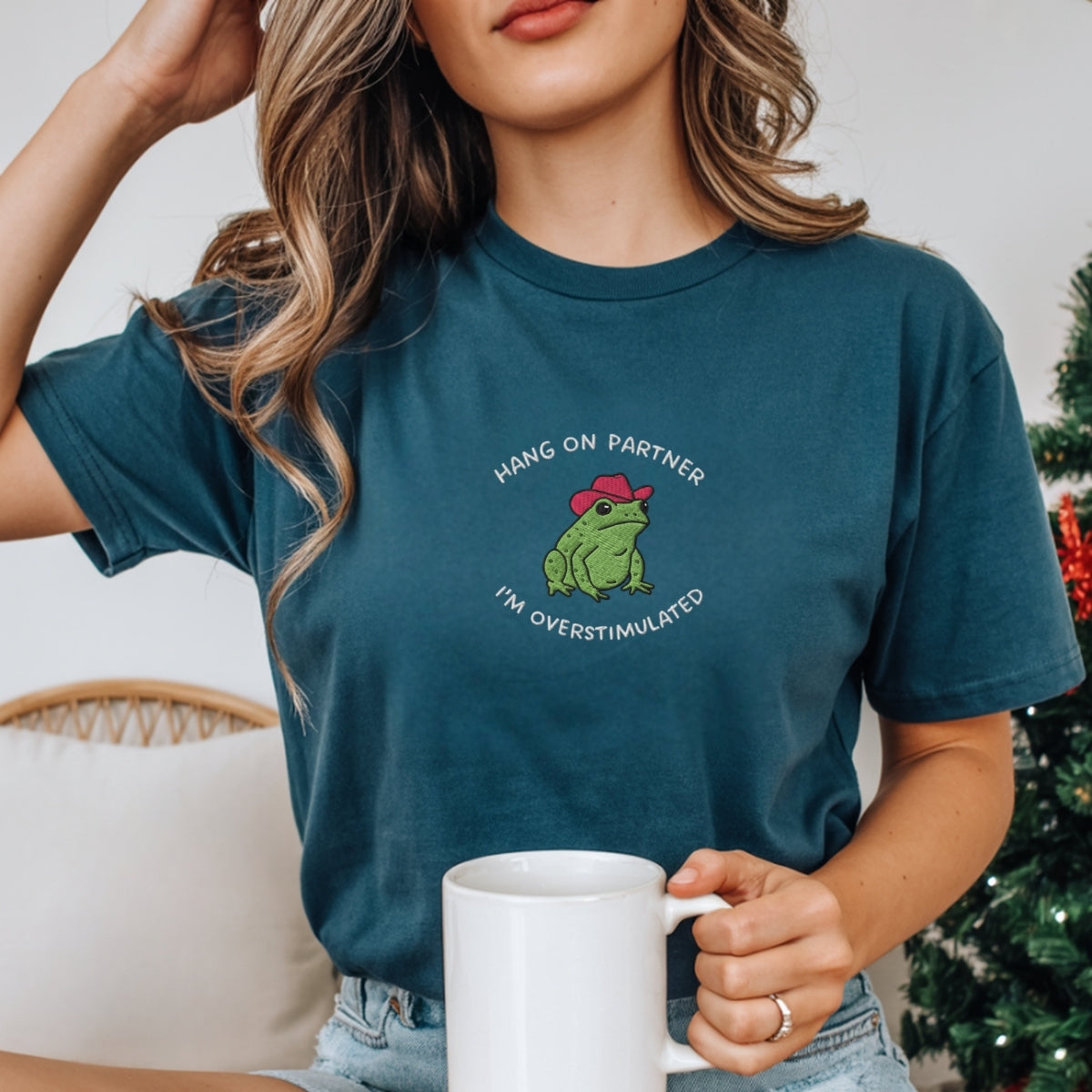 Custom Embroidered Hang On Partner Frog T-Shirt - Funny Embroidered Western Tee, Unisex Gift