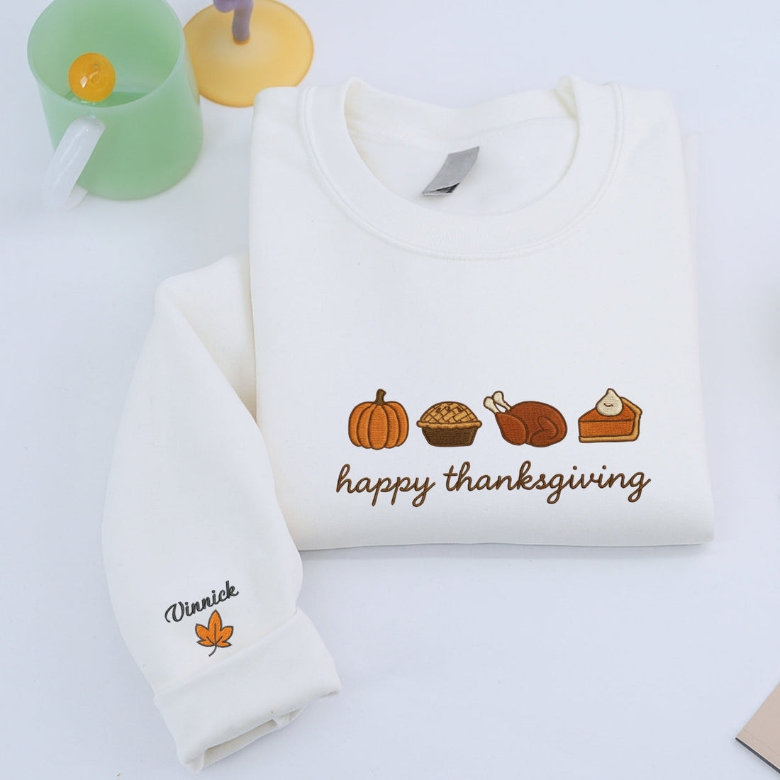 Custom Embroidered Happy Thanksgiving Sweatshirt - Cozy Pumpkin Season Hoodie, Fall Autumn Gift