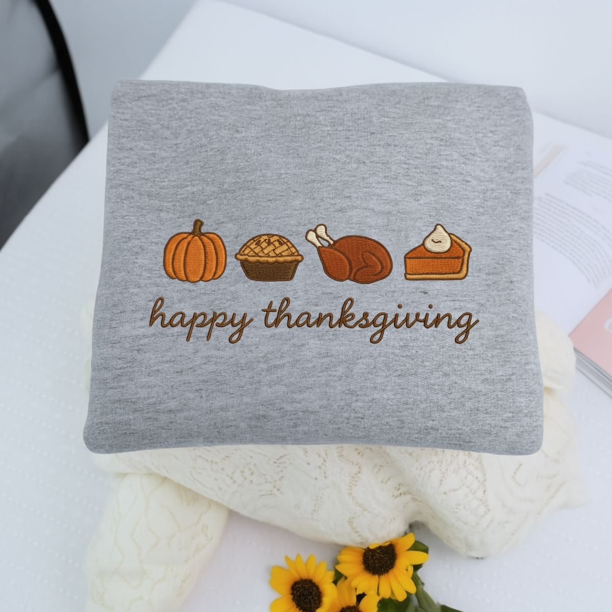 Custom Embroidered Happy Thanksgiving Sweatshirt - Cozy Pumpkin Season Hoodie, Fall Autumn Gift
