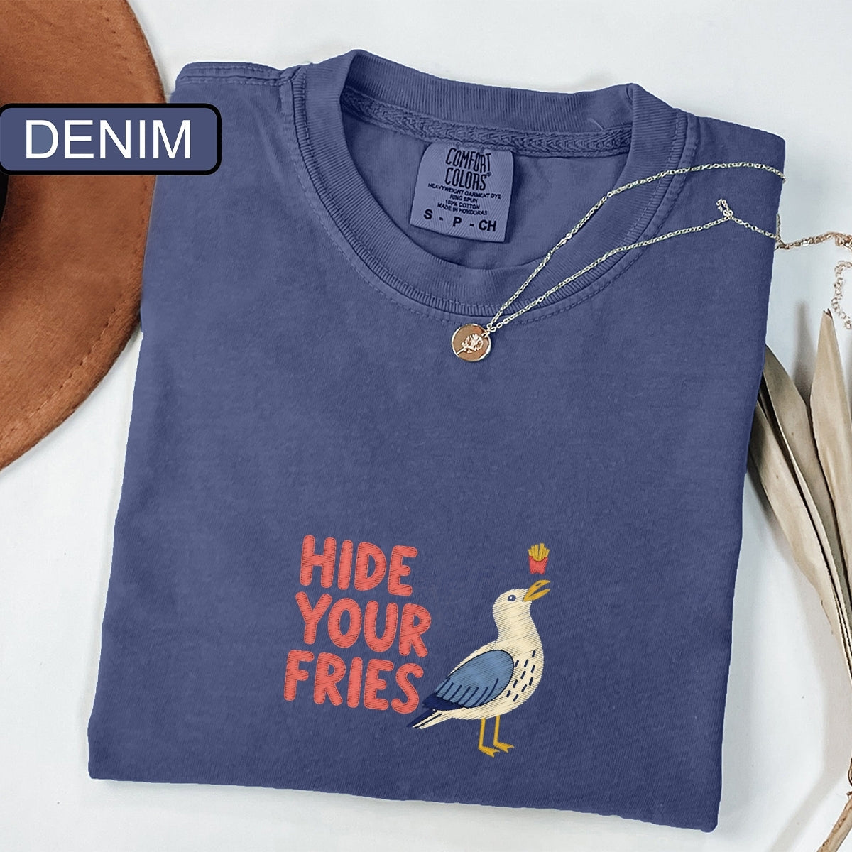 Hide Your Fries Custom Embroidered T-Shirt - Funny Seagull Meme Gift for Animal Lovers