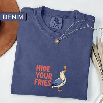 Hide Your Fries Custom Embroidered T-Shirt - Funny Seagull Meme Gift for Animal Lovers