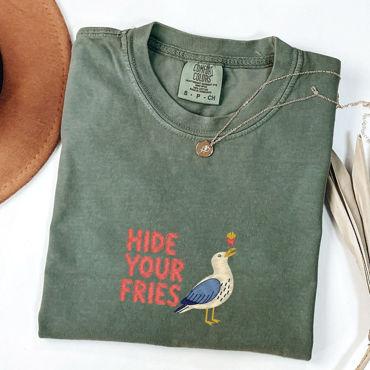 Hide Your Fries Custom Embroidered T-Shirt - Funny Seagull Meme Gift for Animal Lovers