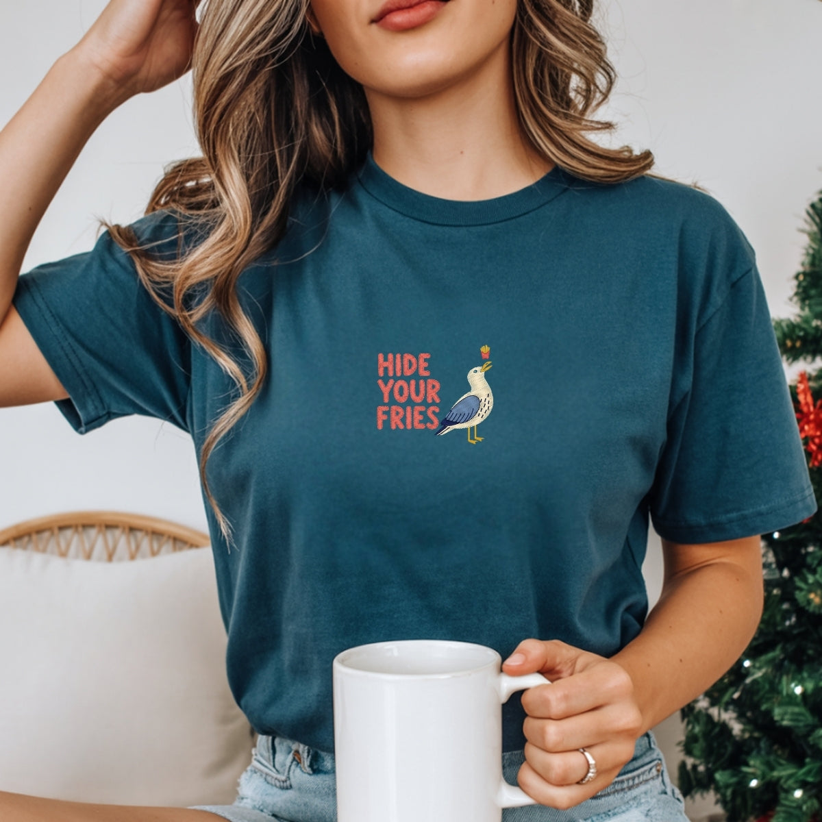 Hide Your Fries Custom Embroidered T-Shirt - Funny Seagull Meme Gift for Animal Lovers