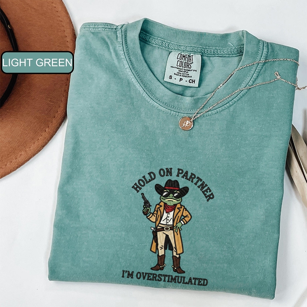 Overstimulated Cowboy Frog Custom Embroidered T-Shirt - Funny Meme Gift