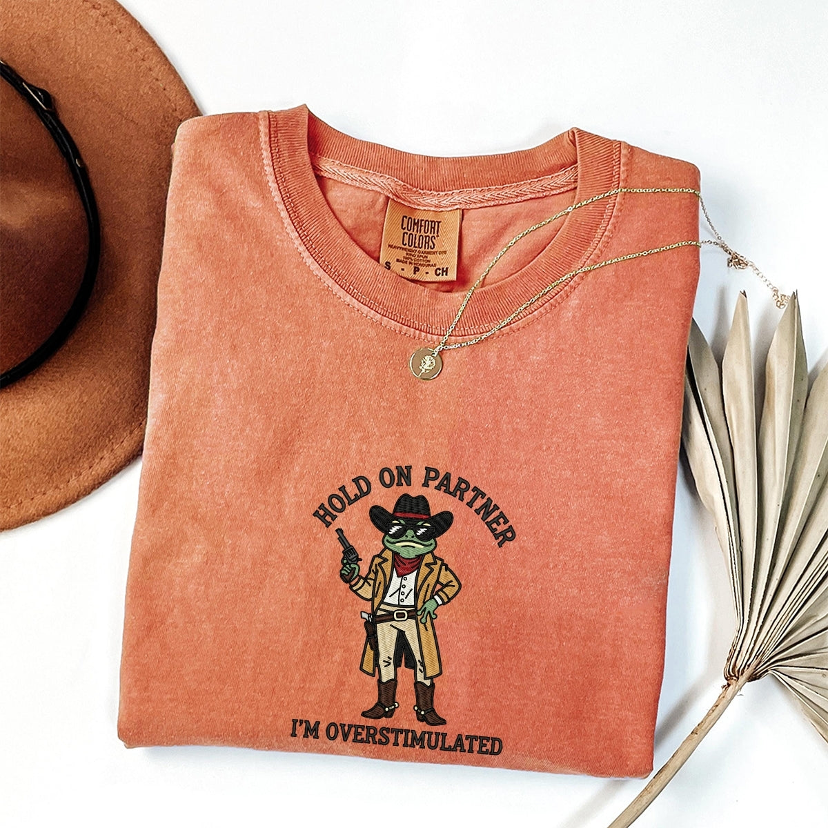 Overstimulated Cowboy Frog Custom Embroidered T-Shirt - Funny Meme Gift