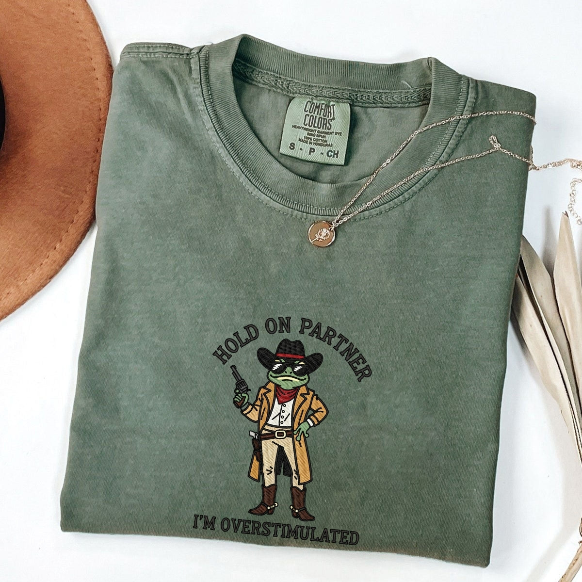 Overstimulated Cowboy Frog Custom Embroidered T-Shirt - Funny Meme Gift