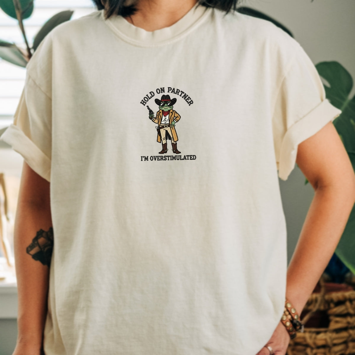 Overstimulated Cowboy Frog Custom Embroidered T-Shirt - Funny Meme Gift
