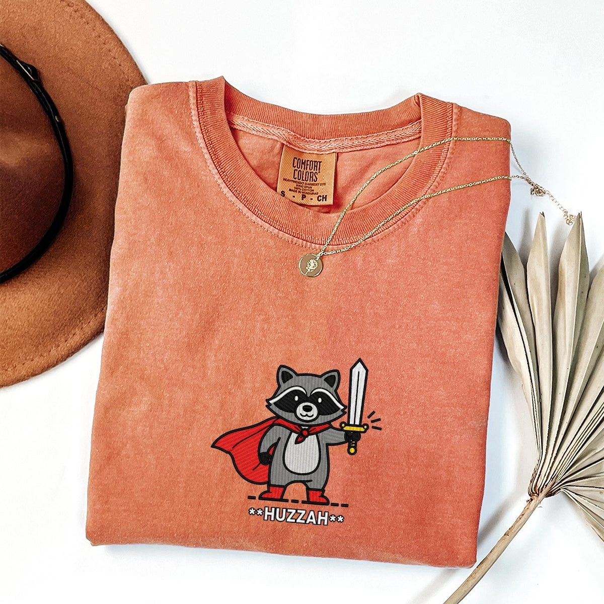 Huzzah Raccoon Custom Embroidered T-Shirt - Funny Renaissance Faire DnD Gift