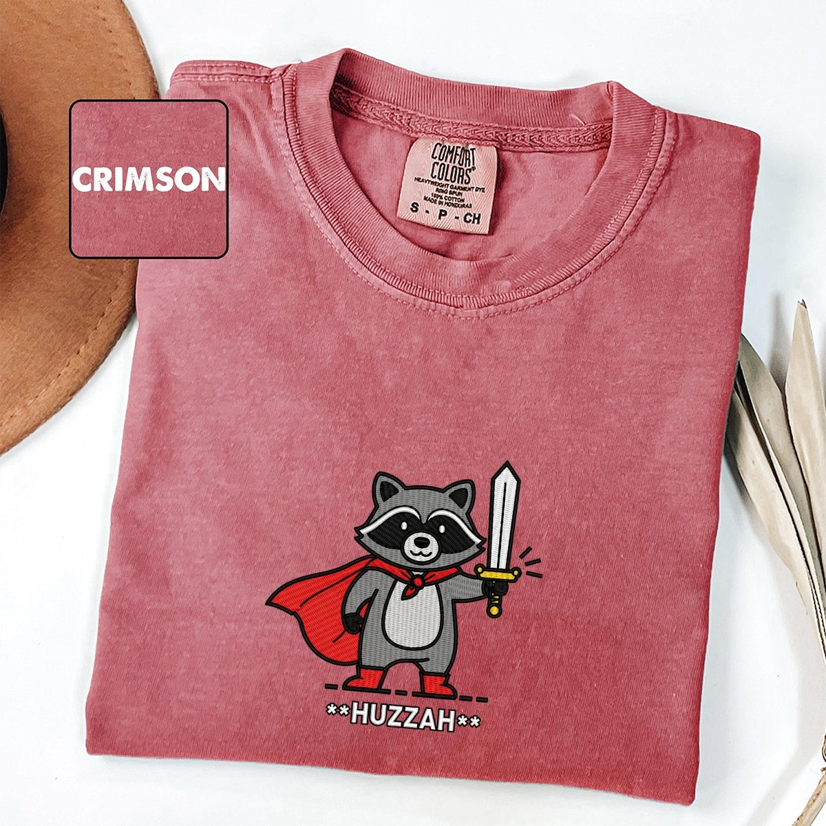 Huzzah Raccoon Custom Embroidered T-Shirt - Funny Renaissance Faire DnD Gift