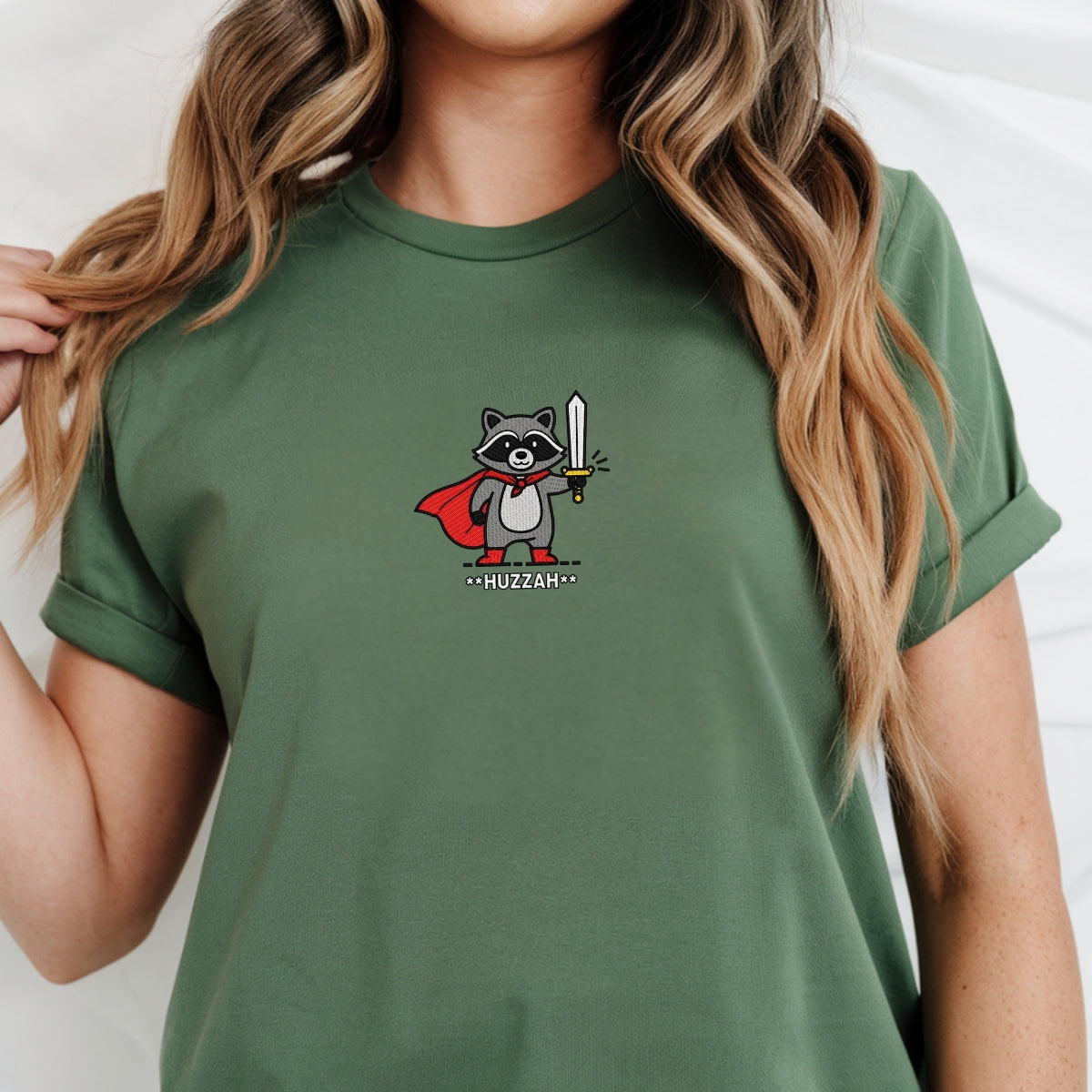 Huzzah Raccoon Custom Embroidered T-Shirt - Funny Renaissance Faire DnD Gift