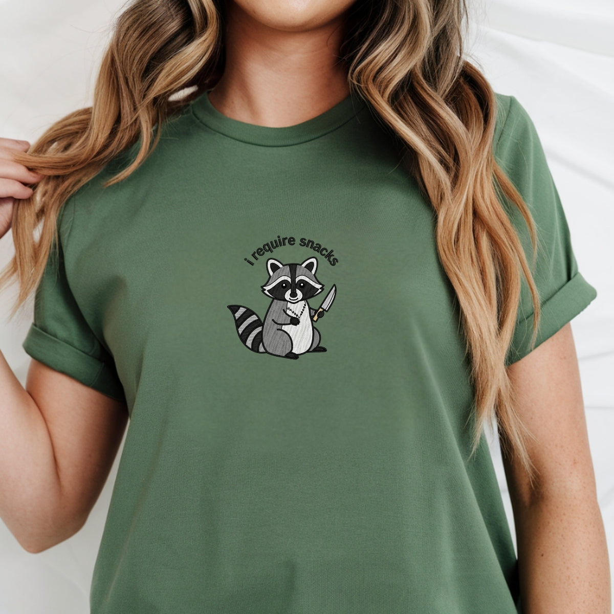 I Require Snacks Custom Embroidered T-Shirt - Funny Raccoon Personalized Gift