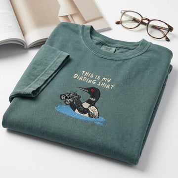 Loon with Binoculars Custom Embroidered T-Shirt - Birding Wildlife Personalized Gift