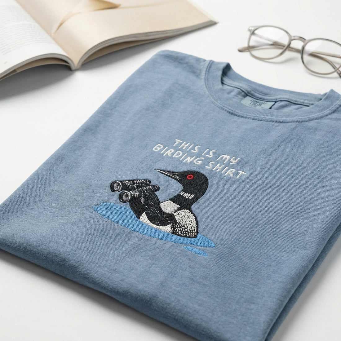 Loon with Binoculars Custom Embroidered T-Shirt - Birding Wildlife Personalized Gift