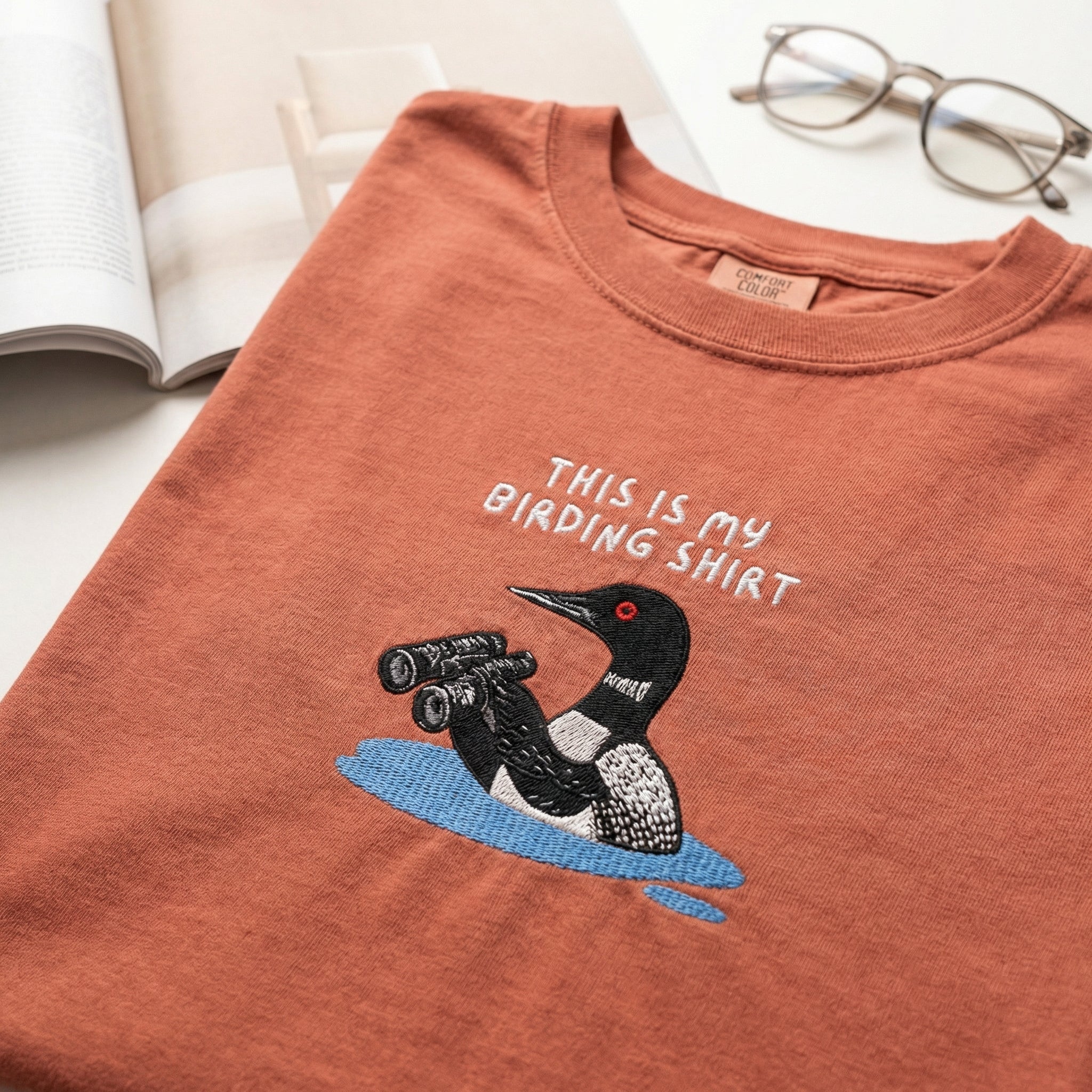 Loon with Binoculars Custom Embroidered T-Shirt - Birding Wildlife Personalized Gift