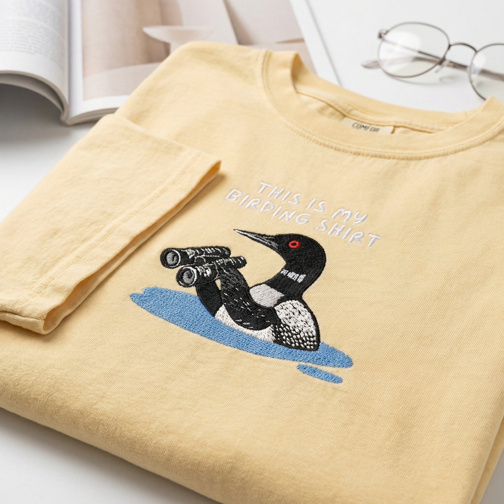 Loon with Binoculars Custom Embroidered T-Shirt - Birding Wildlife Personalized Gift