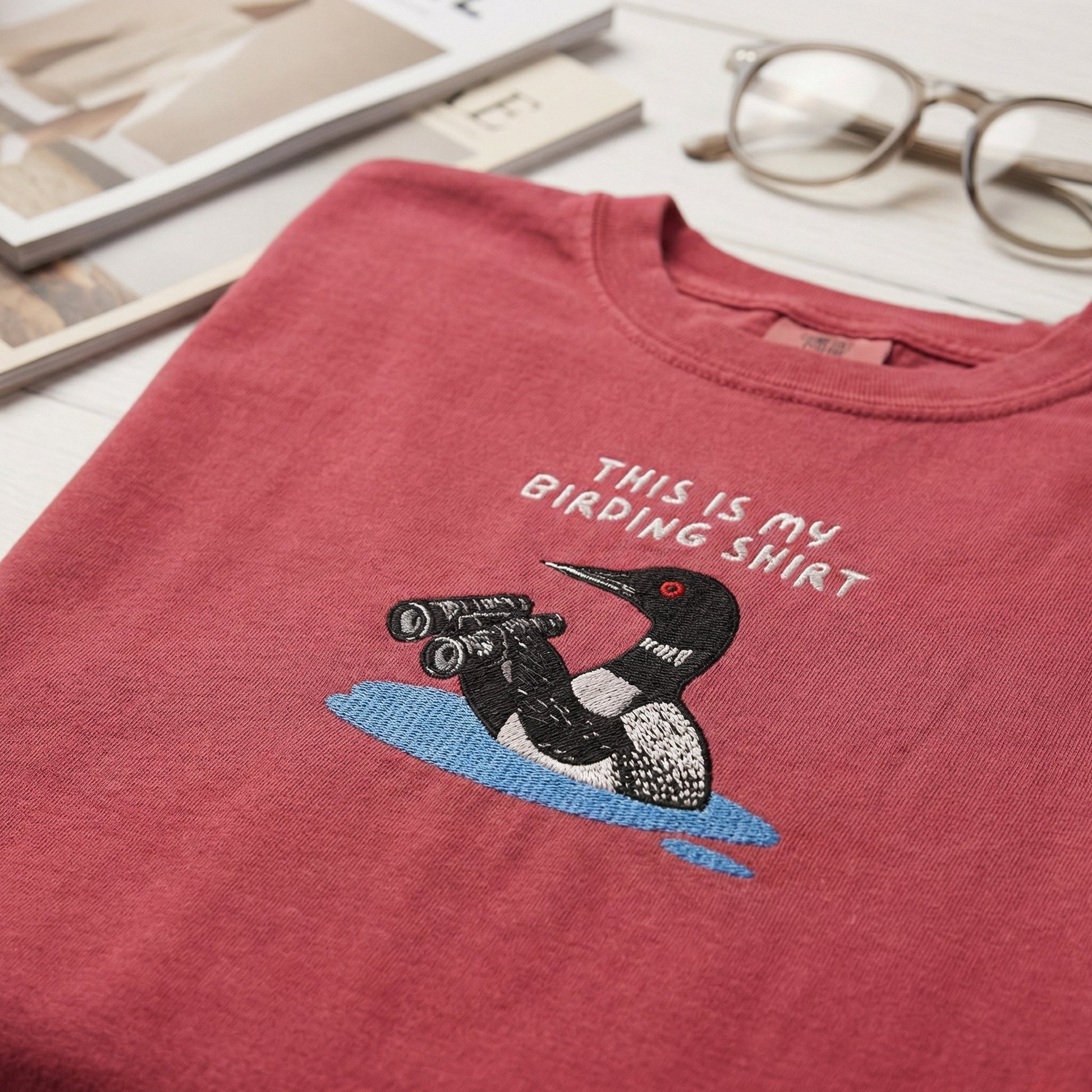 Loon with Binoculars Custom Embroidered T-Shirt - Birding Wildlife Personalized Gift