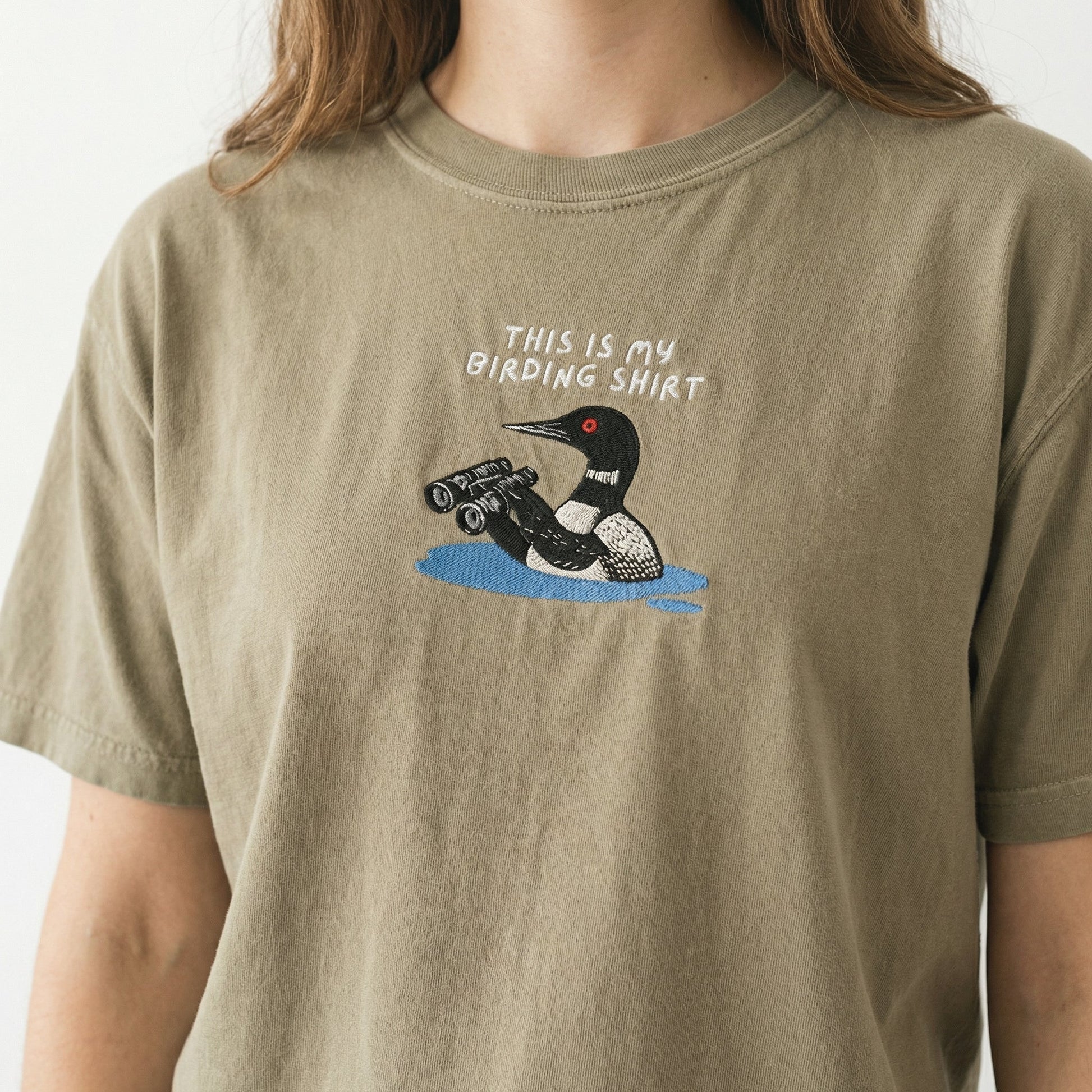 Loon with Binoculars Custom Embroidered T-Shirt - Birding Wildlife Personalized Gift