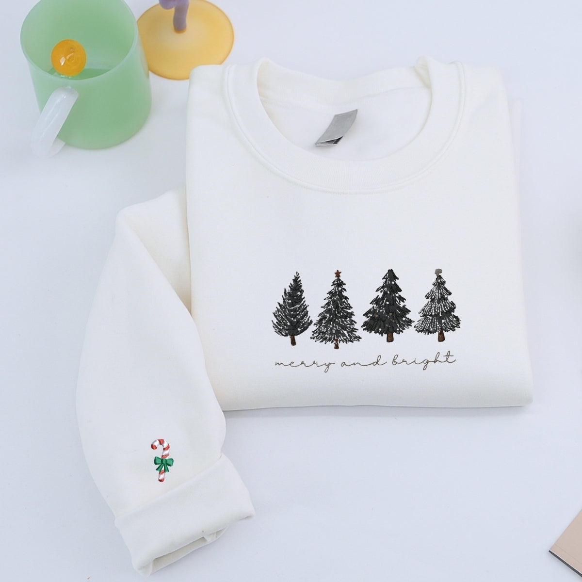 Merry & Bright Christmas Tree Custom Embroidered Sweatshirt - Cozy Holiday Personalized Gift