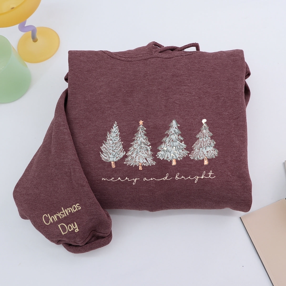 Merry & Bright Christmas Tree Custom Embroidered Sweatshirt - Cozy Holiday Personalized Gift