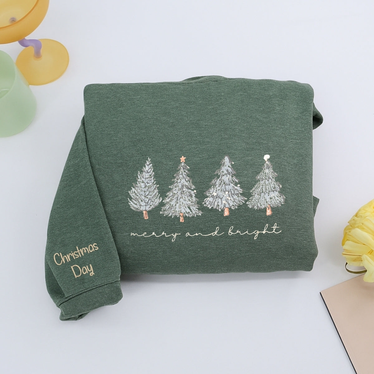 Merry & Bright Christmas Tree Custom Embroidered Sweatshirt - Cozy Holiday Personalized Gift